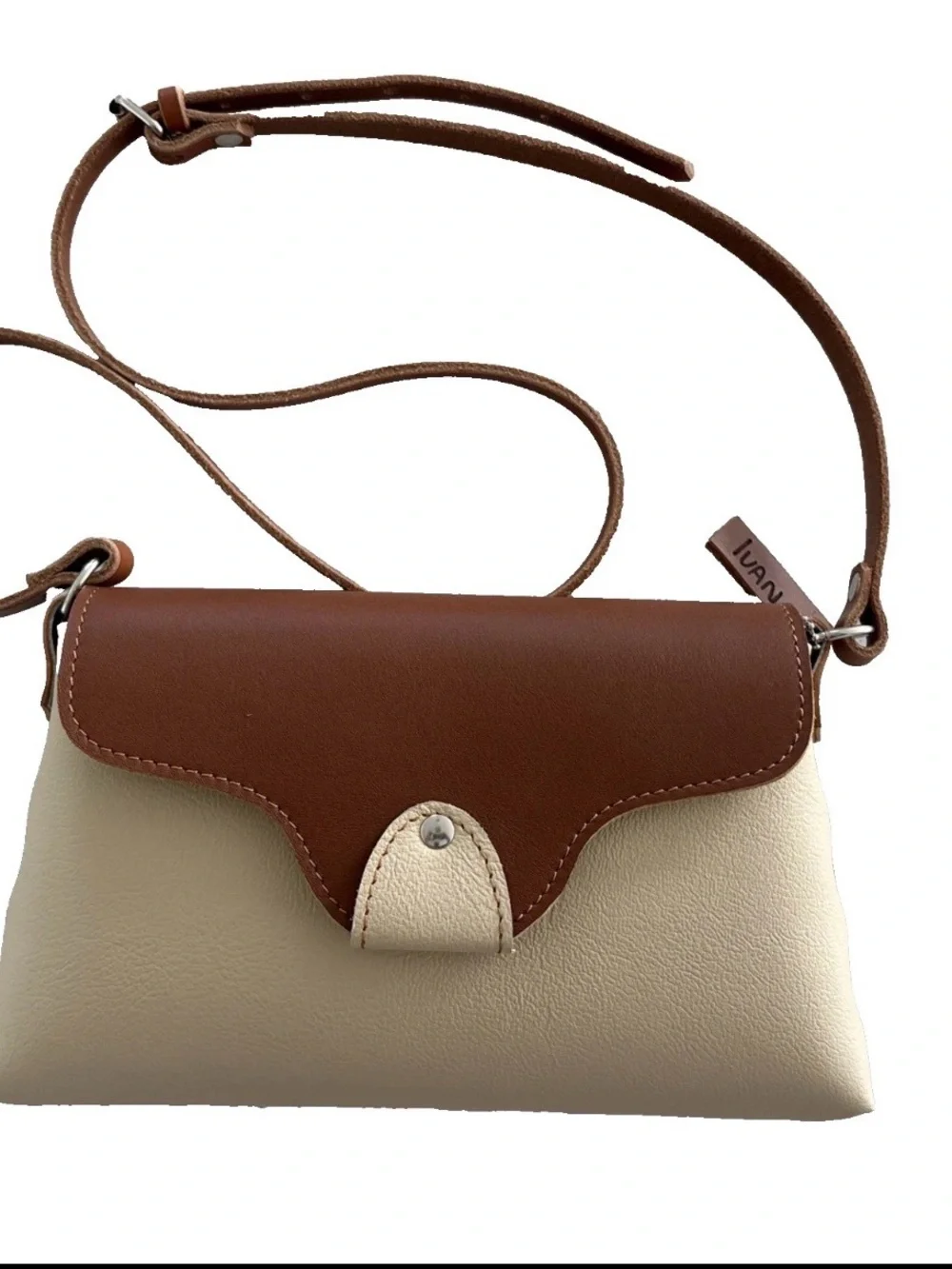 Artisan IVAN Handmade Leather Crossbody Purse Unique Two-Tone Cream & Brown